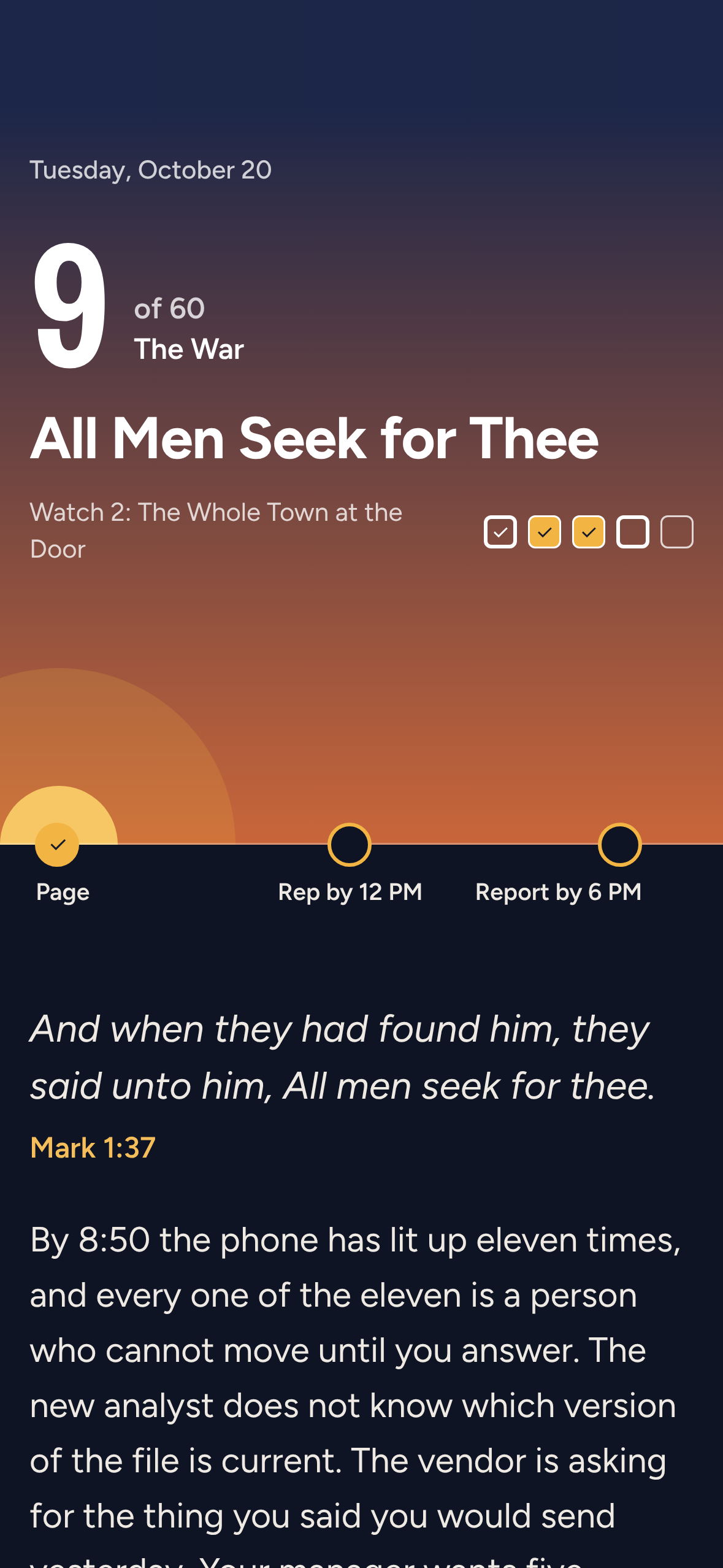 The app's Today screen at first light: Day 9 of 60, All Men Seek for Thee, with the Page, Rep and Report marks on the horizon