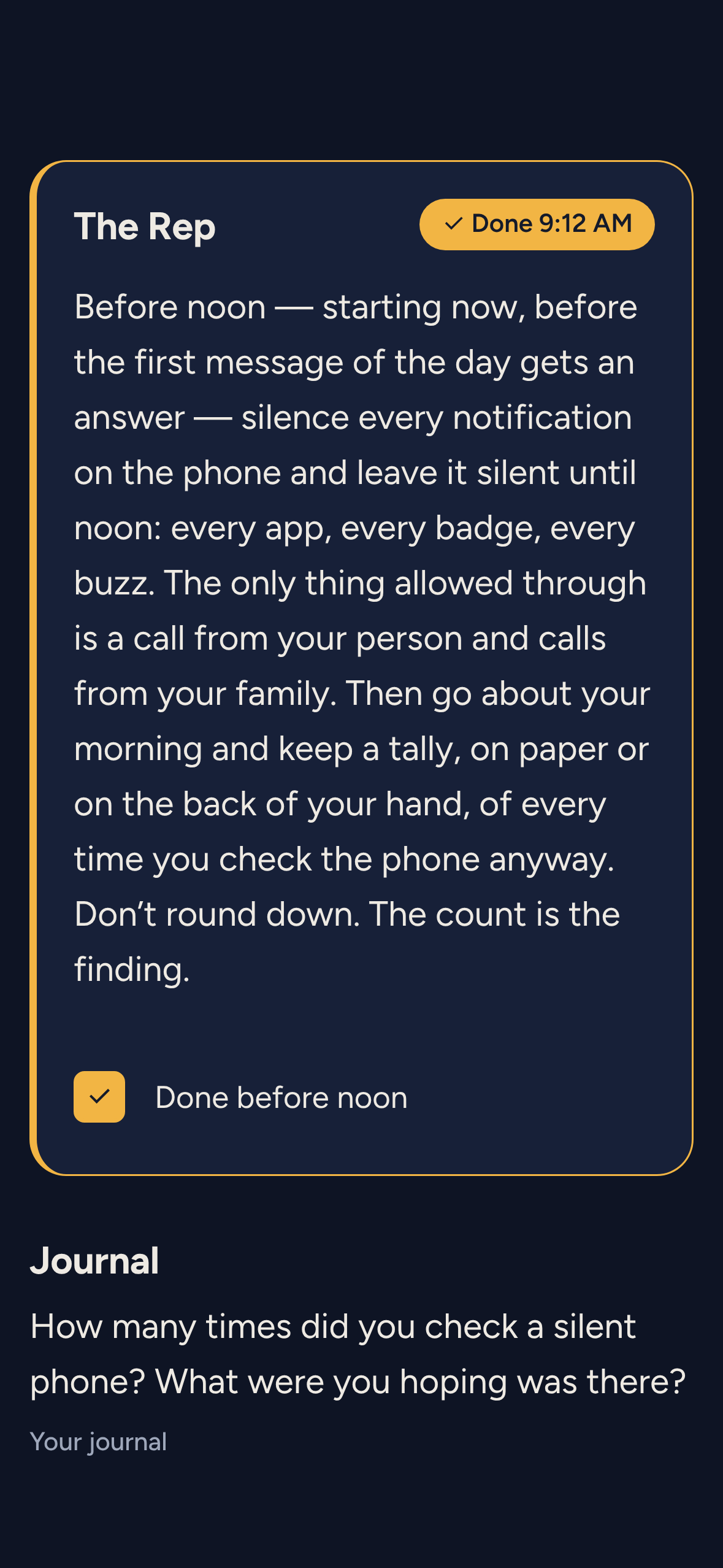 The Rep card, done at 9:12 AM, and the day's journal prompt