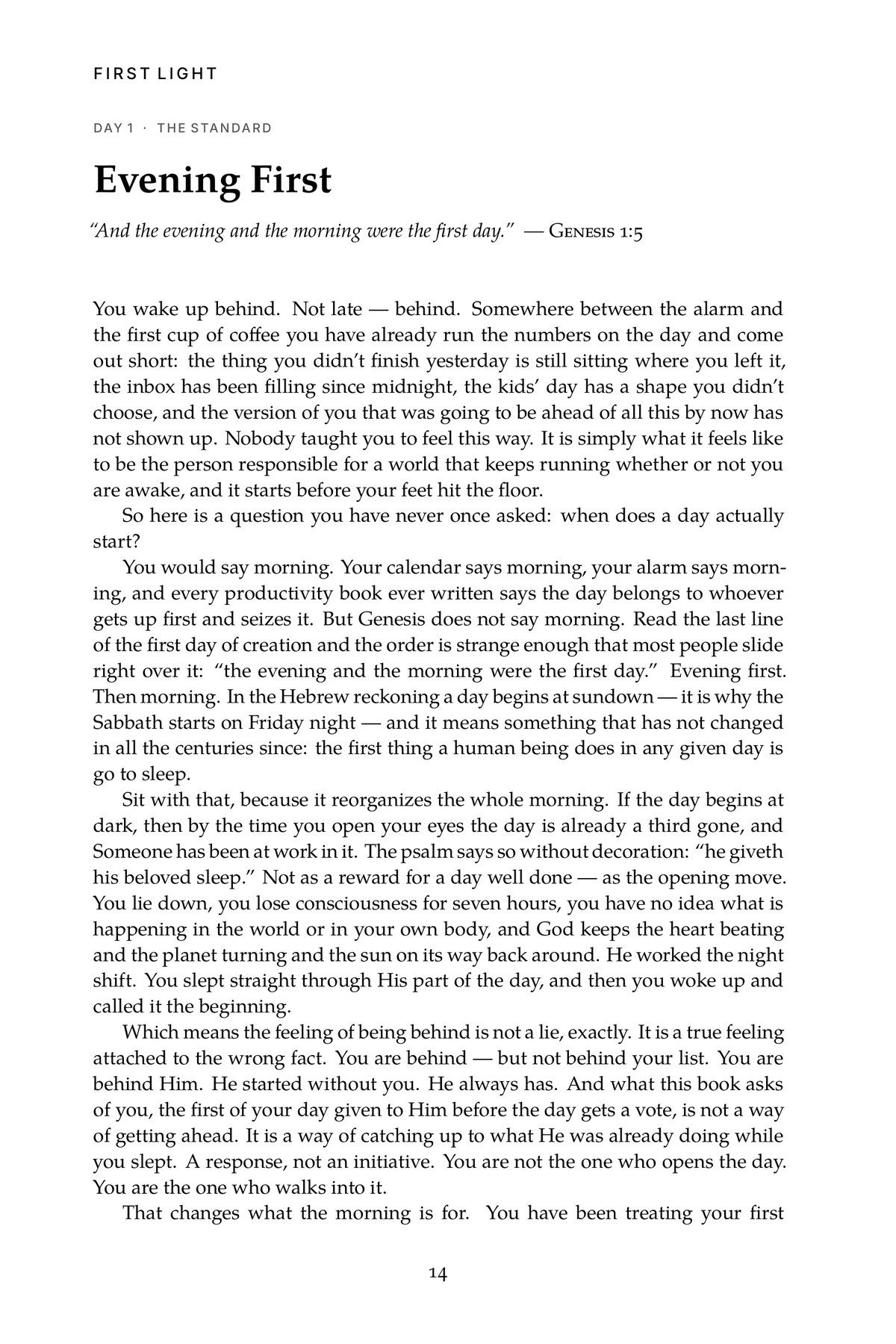 First Light, Day 1, page one: Evening First, Genesis 1:5
